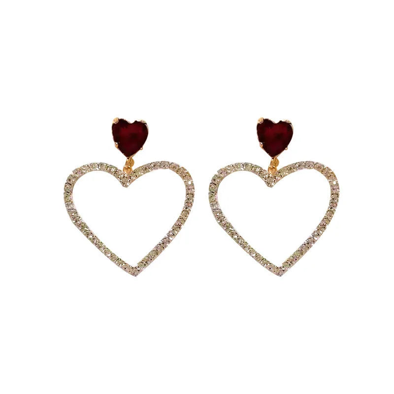 Shining Rhinestone Hollow Heart Drop Earrings with Vintage Red Crystals