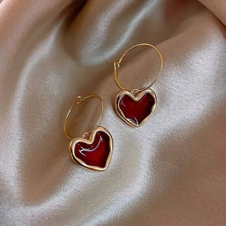 Shining Rhinestone Hollow Heart Drop Earrings with Vintage Red Crystals