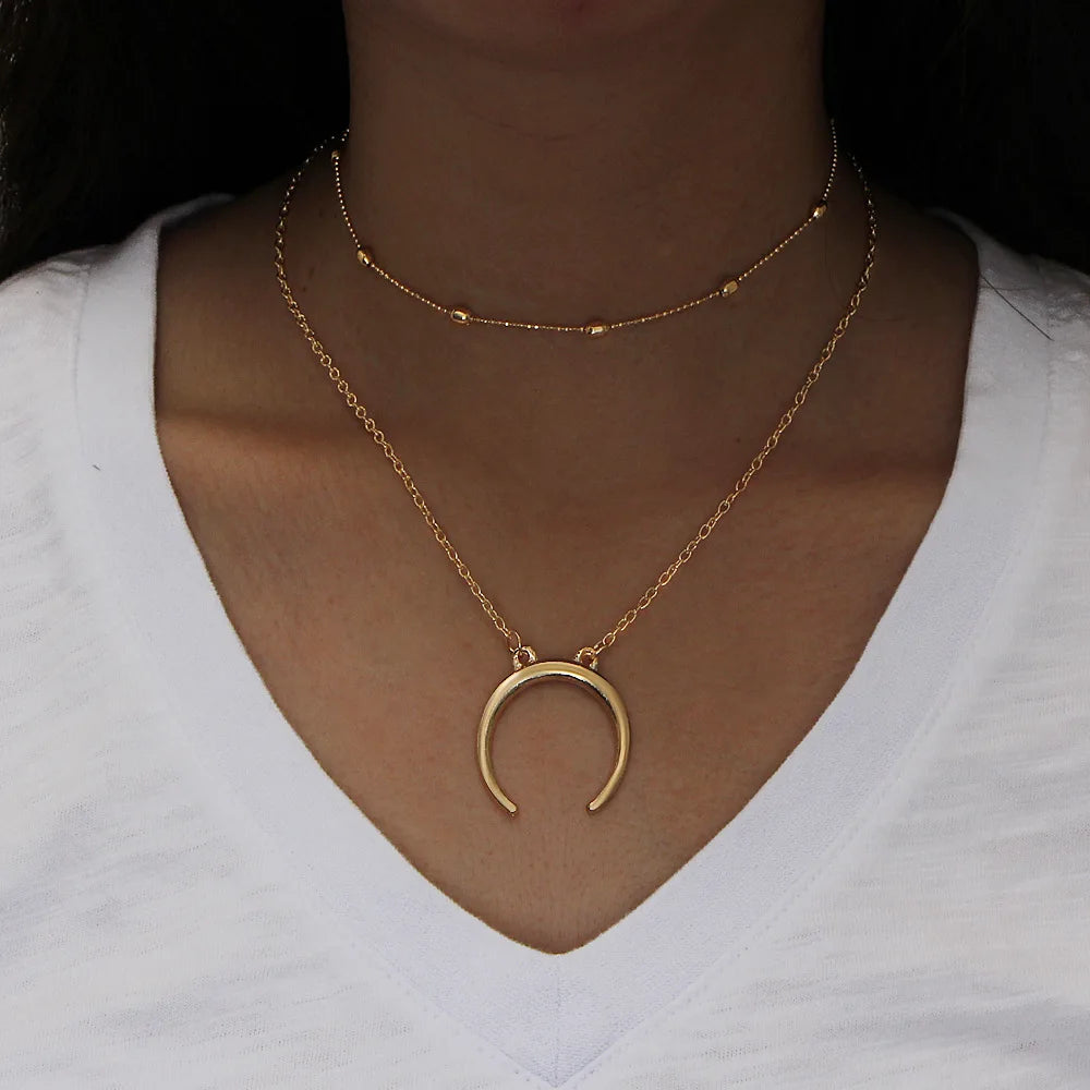 Boho Multilayer Choker Necklace with Vintage Moon & Layered Chains