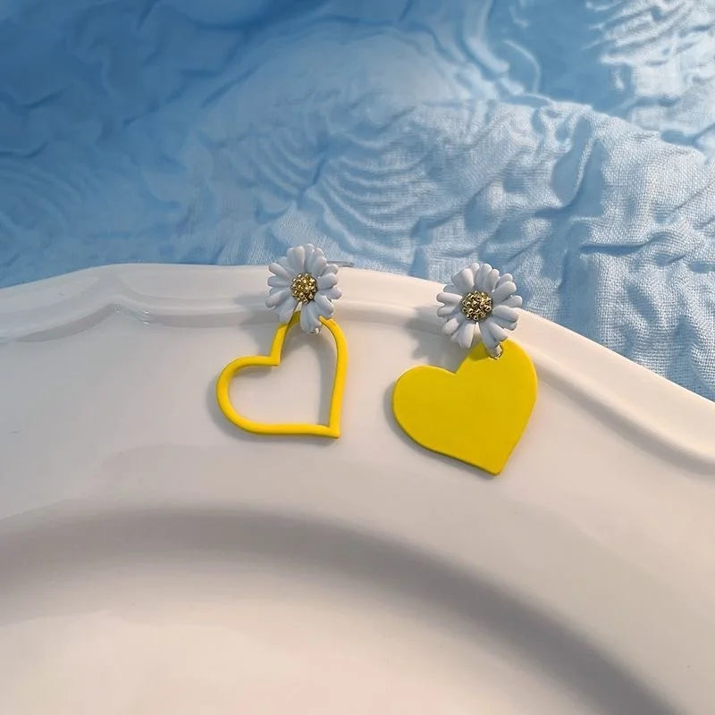 Daisy & Heart Mismatched Stud Earrings with Red, Yellow, Pink & Cream