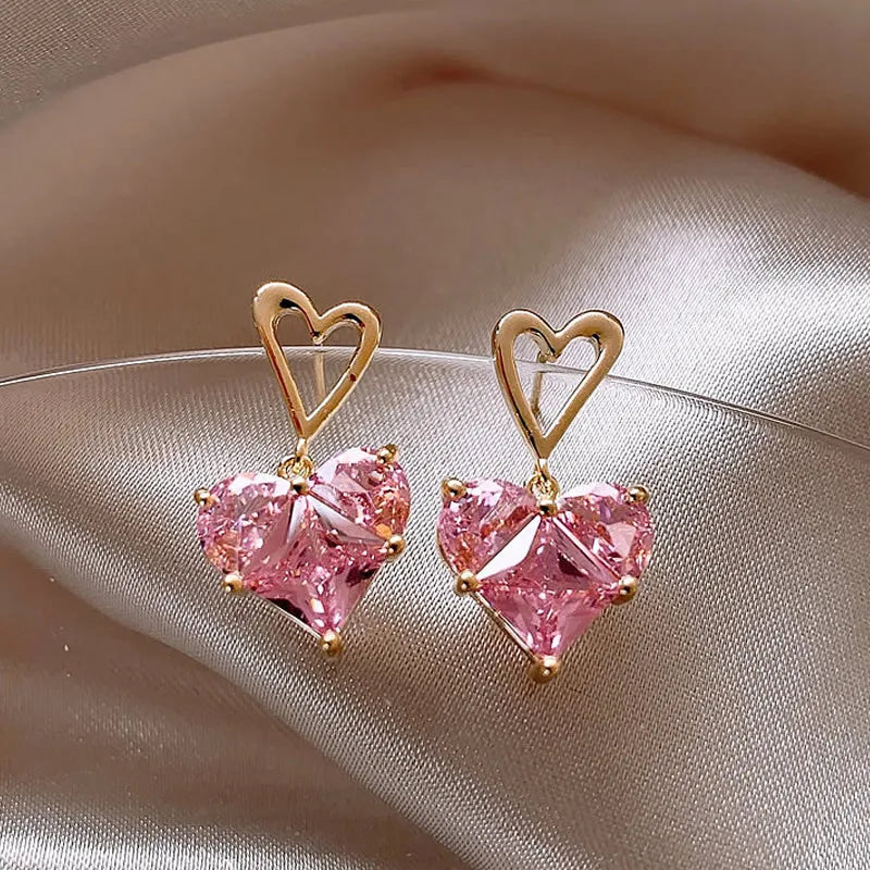 Shining Rhinestone Hollow Heart Drop Earrings with Vintage Red Crystals