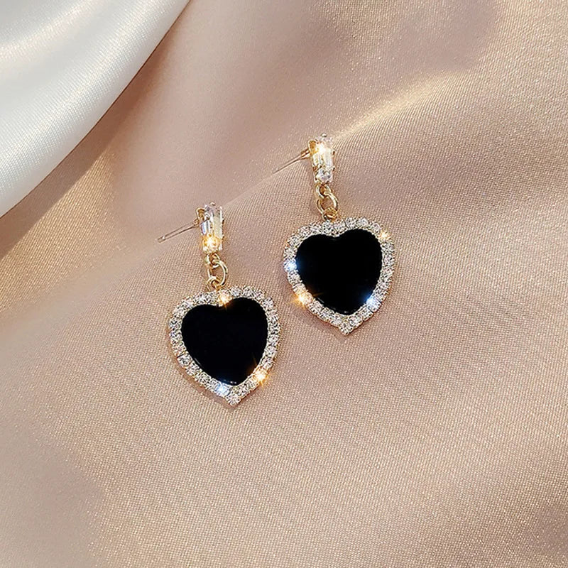 Shining Rhinestone Hollow Heart Drop Earrings with Vintage Red Crystals