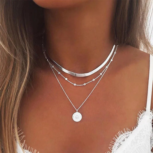 Boho Multilayer Choker Necklace with Vintage Moon & Layered Chains