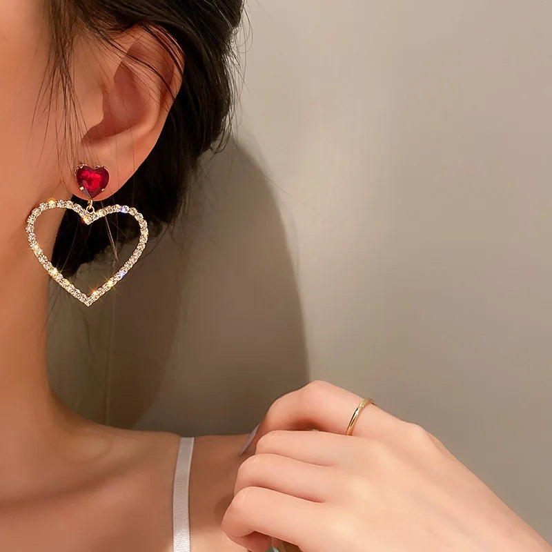 Shining Rhinestone Hollow Heart Drop Earrings with Vintage Red Crystals