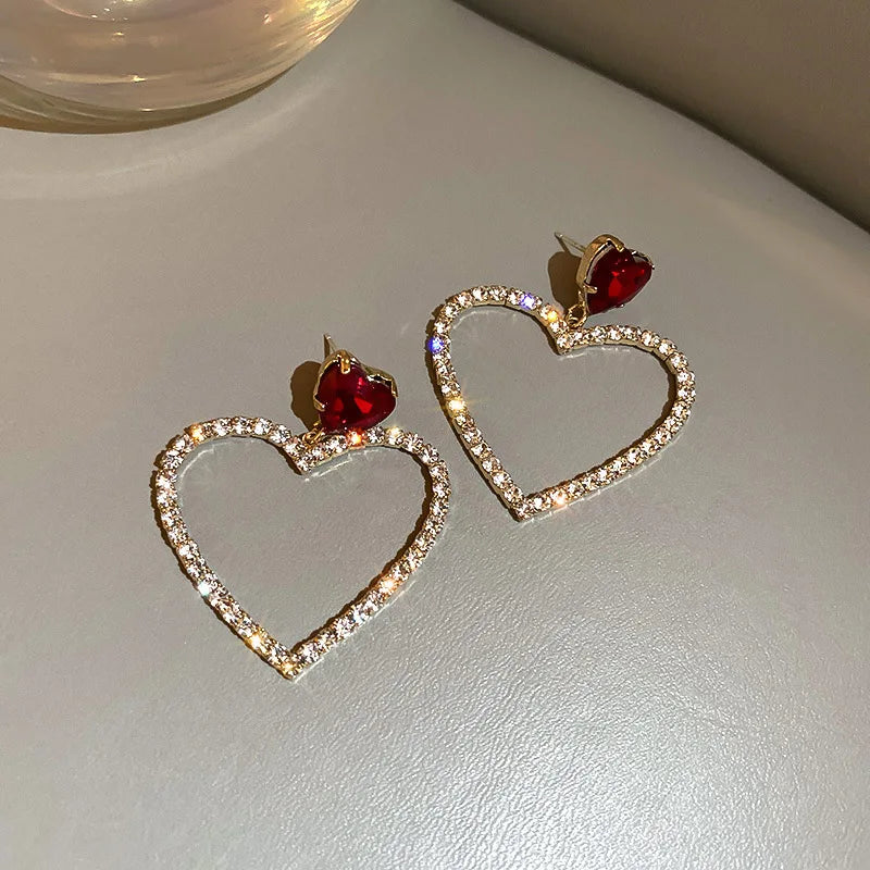 Shining Rhinestone Hollow Heart Drop Earrings with Vintage Red Crystals