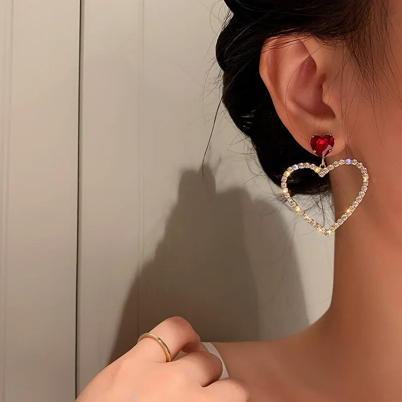 Shining Rhinestone Hollow Heart Drop Earrings with Vintage Red Crystals