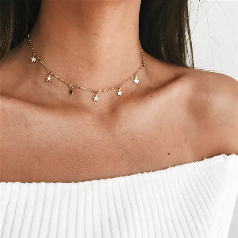 Boho Multilayer Choker Necklace with Vintage Moon & Layered Chains