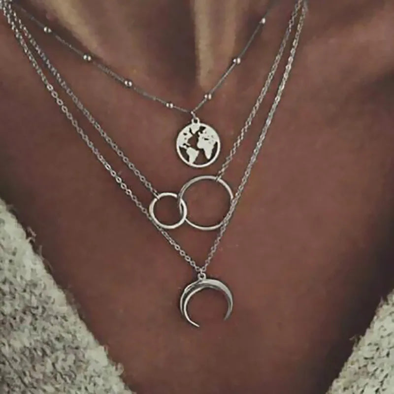 Boho Multilayer Choker Necklace with Vintage Moon & Layered Chains