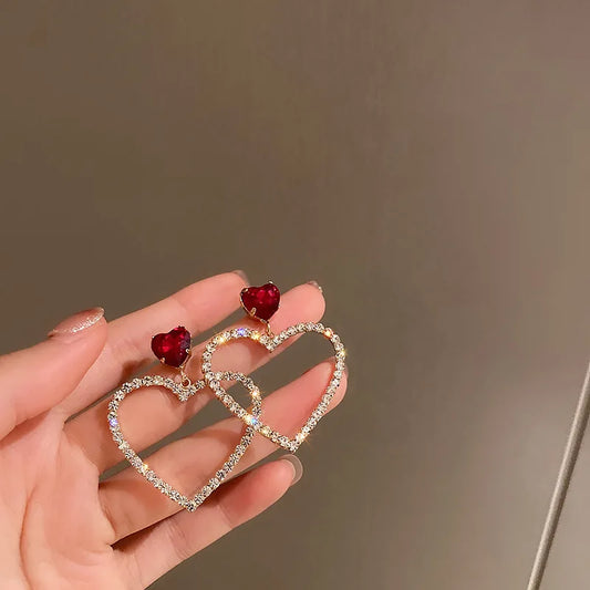Shining Rhinestone Hollow Heart Drop Earrings with Vintage Red Crystals