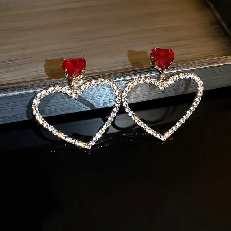 Shining Rhinestone Hollow Heart Drop Earrings with Vintage Red Crystals