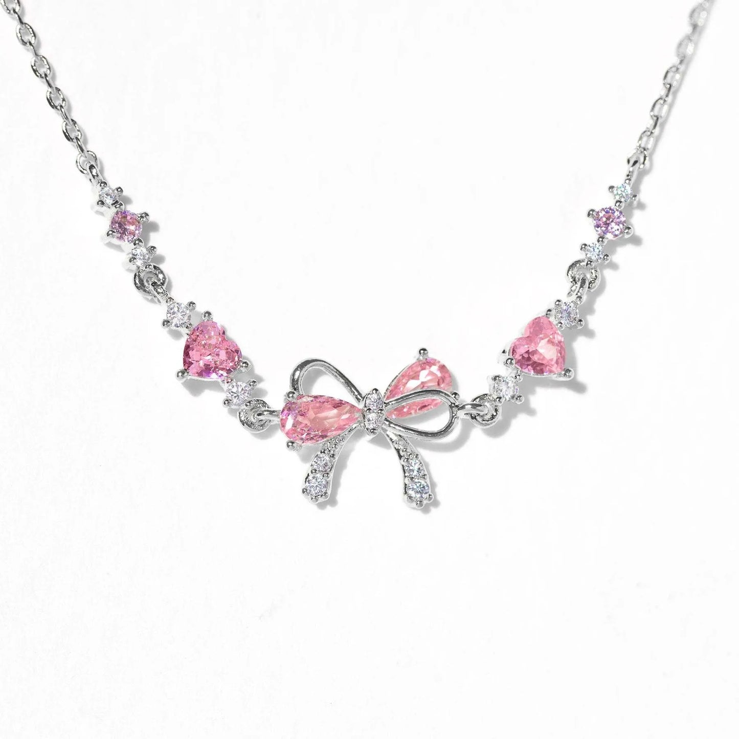 Pink Zircon Bowknot Heart Bracelet with Silver, Gold & Rose Tones