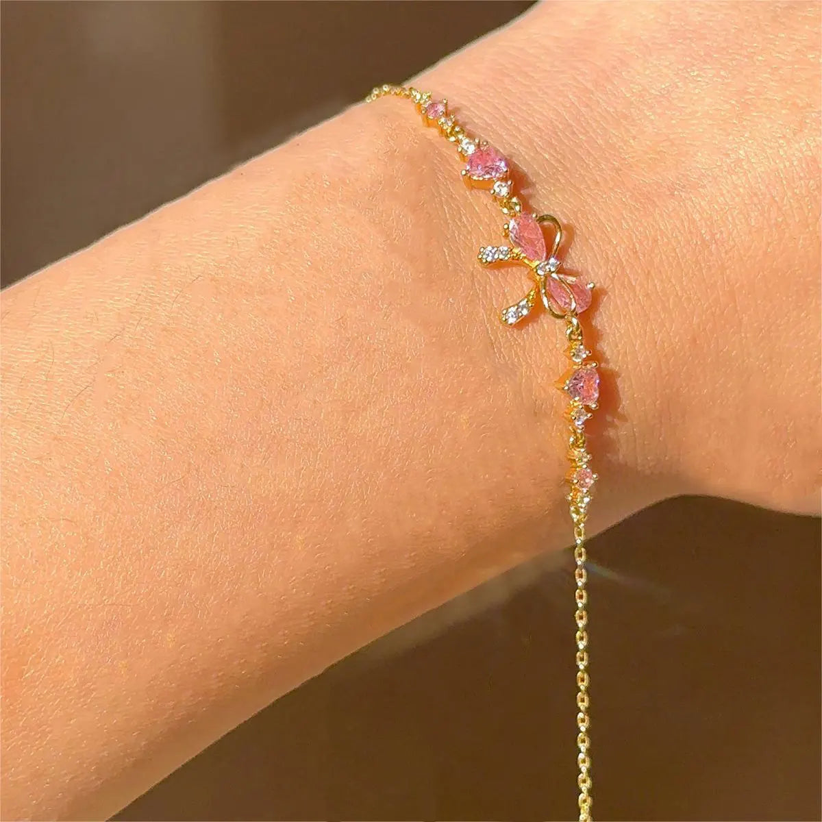 Pink Zircon Bowknot Heart Bracelet with Silver, Gold & Rose Tones