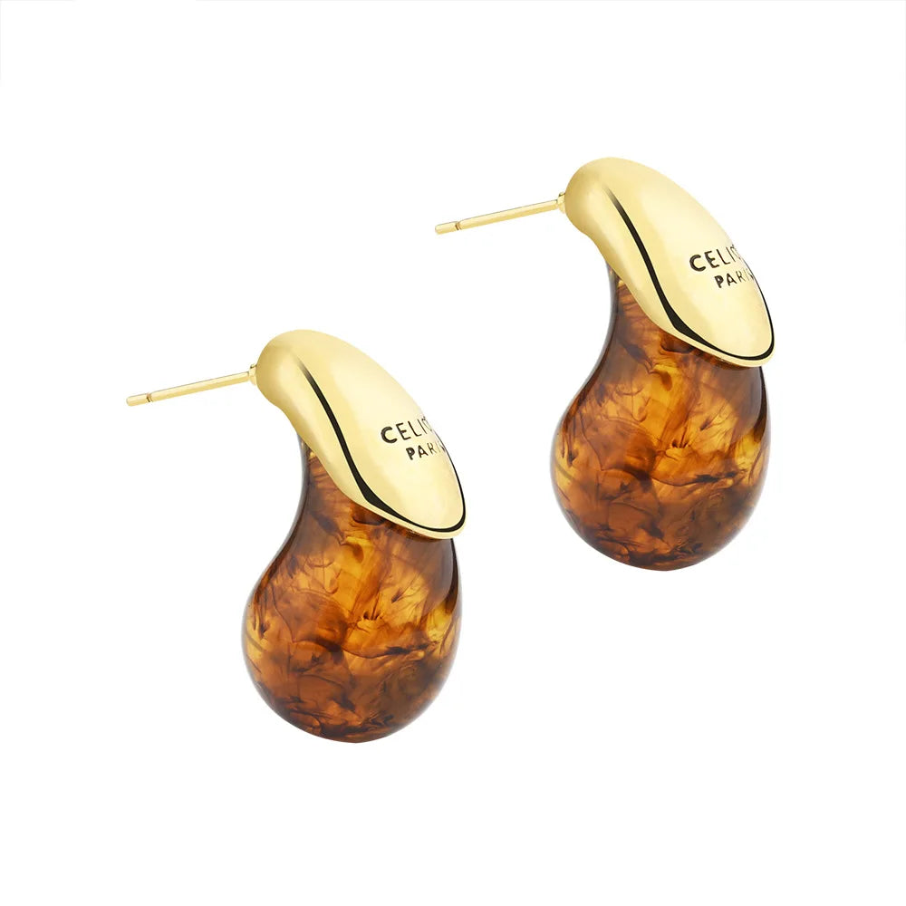 Water Drop Brown Resin Stud Earrings with Vintage Dome & Gold Plated Design