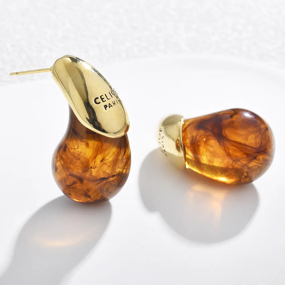 Water Drop Brown Resin Stud Earrings with Vintage Dome & Gold Plated Design