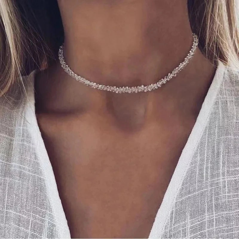 Irregular Beaded Choker Necklace with Multi-Cut Glass Crystal Beads