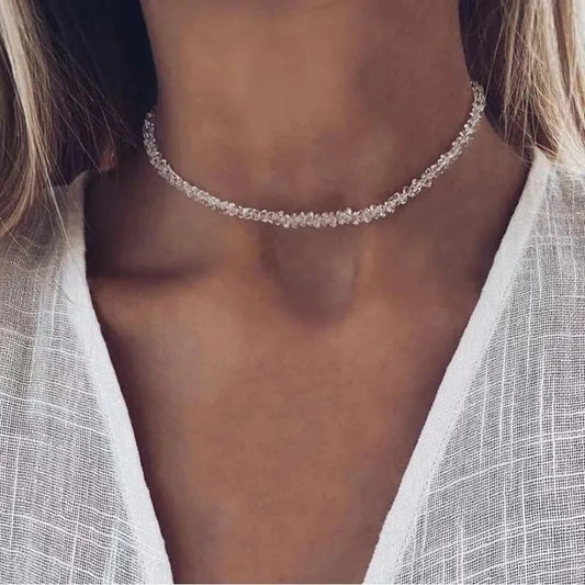 Irregular Beaded Choker Necklace with Multi-Cut Glass Crystal Beads
