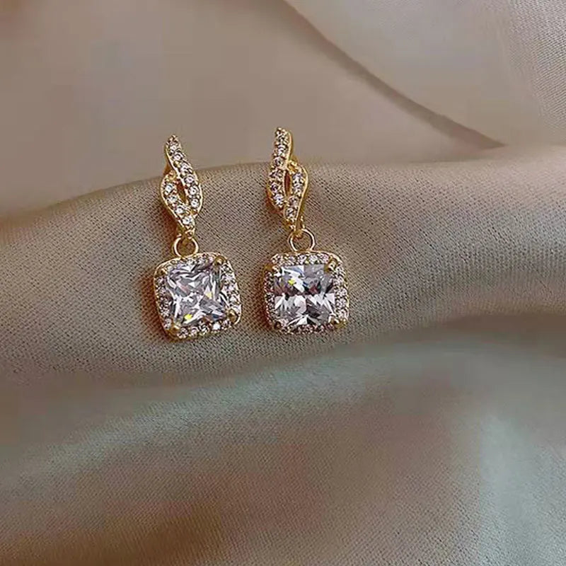 Cushion Halo CZ Drop Earrings — Gold-Tone