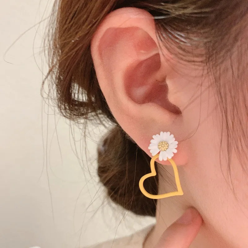 Daisy & Heart Mismatched Stud Earrings with Red, Yellow, Pink & Cream