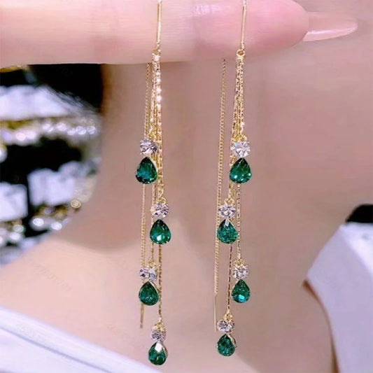 Green Zircon Tassel Earrings with Teardrop & Bar Drop Styles