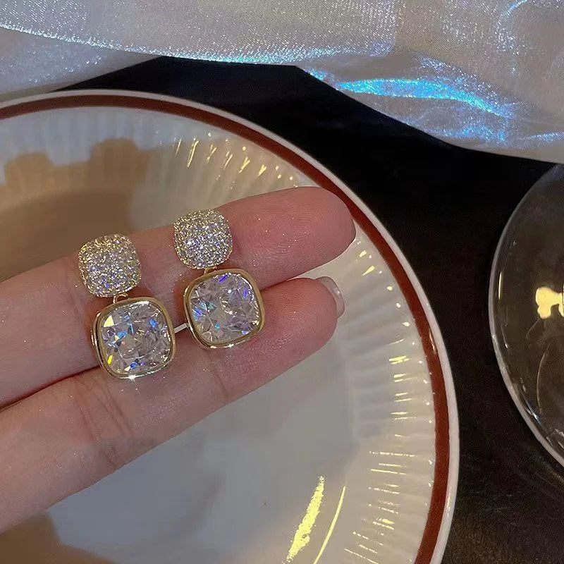 Cushion Halo CZ Drop Earrings — Gold-Tone