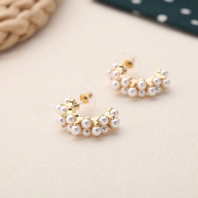 White Pearl Drop Earrings with Golden Round Hoops – 2024 Korean Fashion