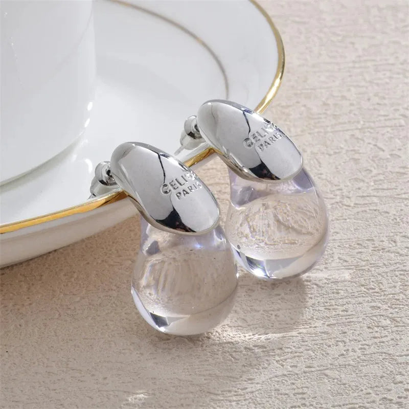 Water Drop Brown Resin Stud Earrings with Vintage Dome & Gold Plated Design