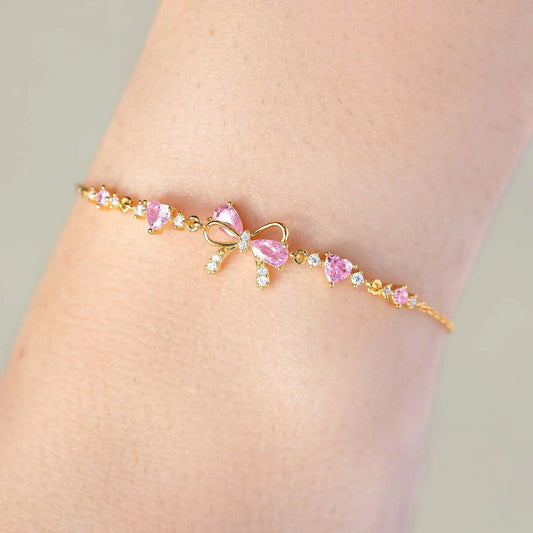 Pink Zircon Bowknot Heart Bracelet with Silver, Gold & Rose Tones