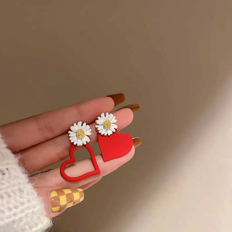 Daisy & Heart Mismatched Stud Earrings with Red, Yellow, Pink & Cream