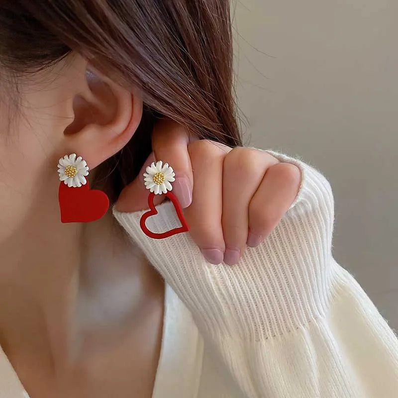Daisy & Heart Mismatched Stud Earrings with Red, Yellow, Pink & Cream