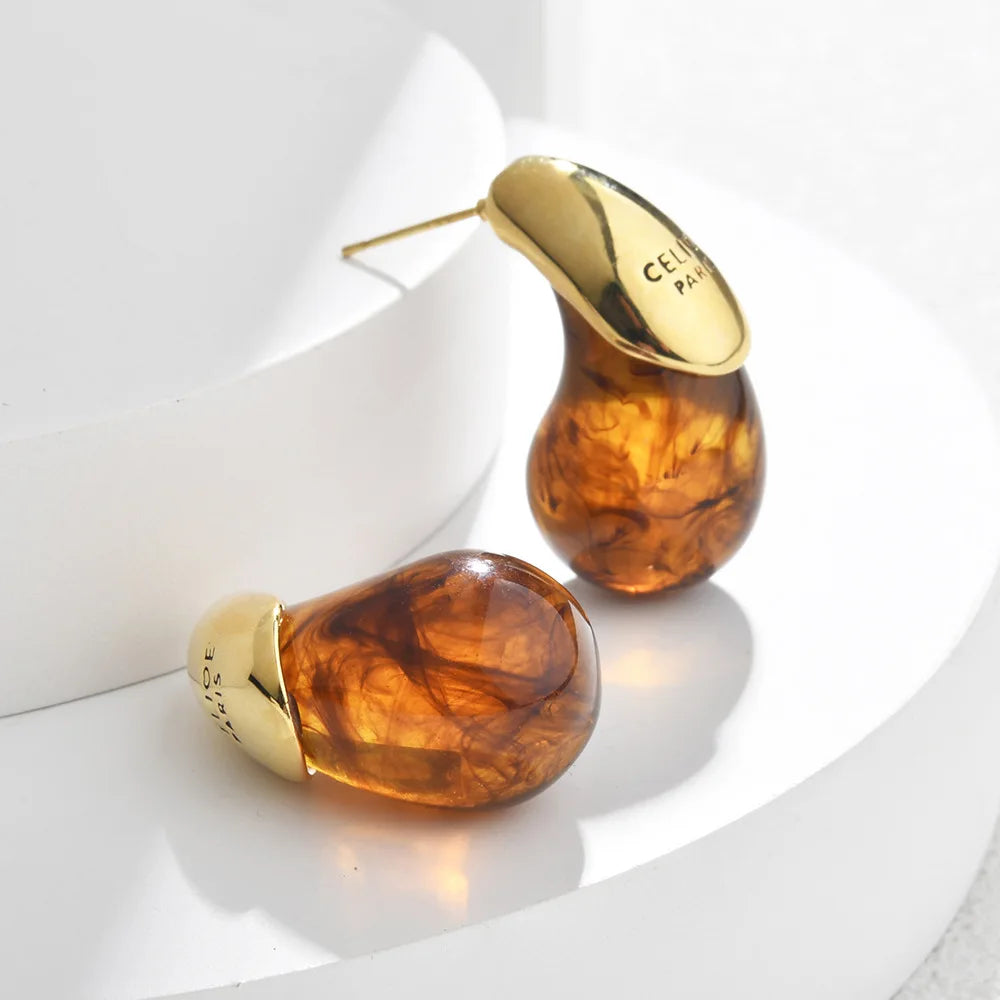Water Drop Brown Resin Stud Earrings with Vintage Dome & Gold Plated Design