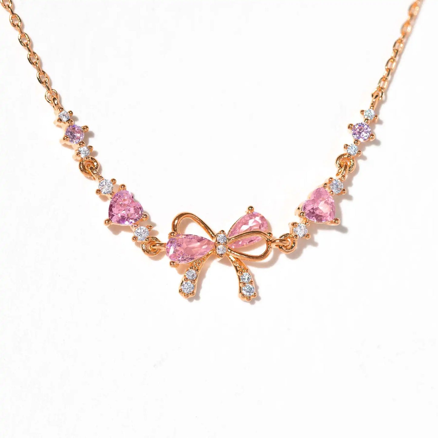 Pink Zircon Bowknot Heart Bracelet with Silver, Gold & Rose Tones