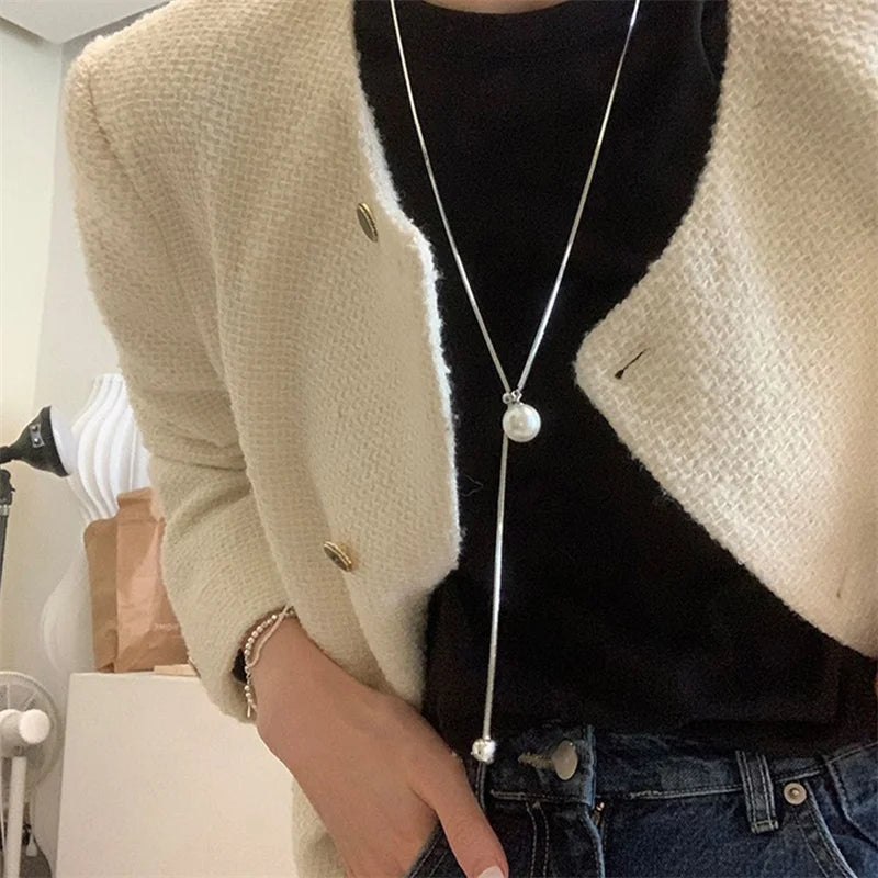 Long Tassel Lariat Necklaces with Pearl & Geometric Pendants
