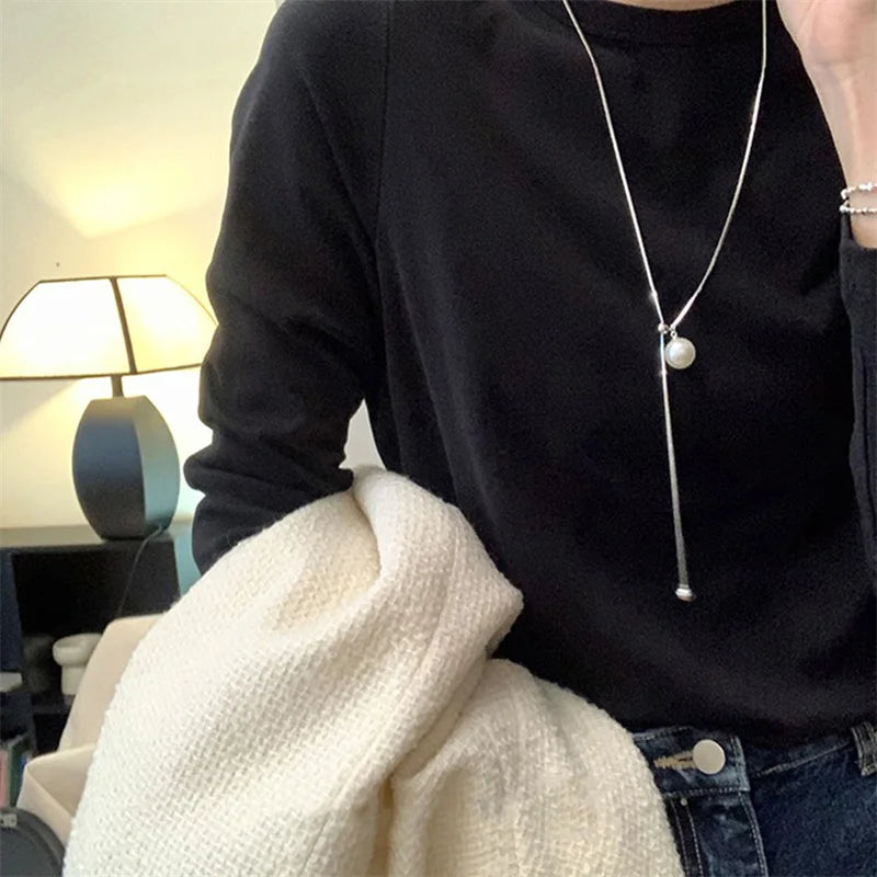 Long Tassel Lariat Necklaces with Pearl & Geometric Pendants