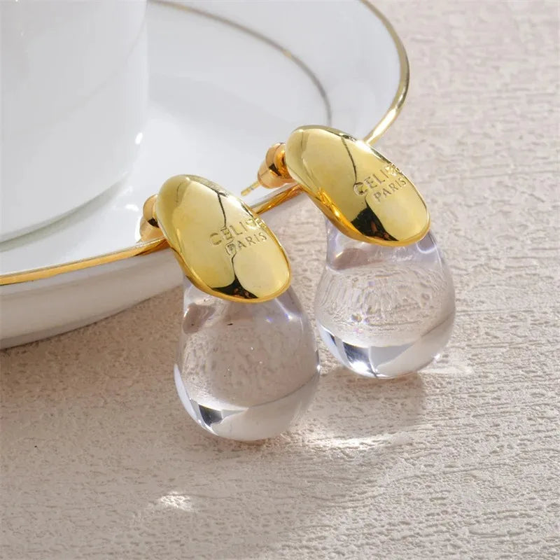 Water Drop Brown Resin Stud Earrings with Vintage Dome & Gold Plated Design
