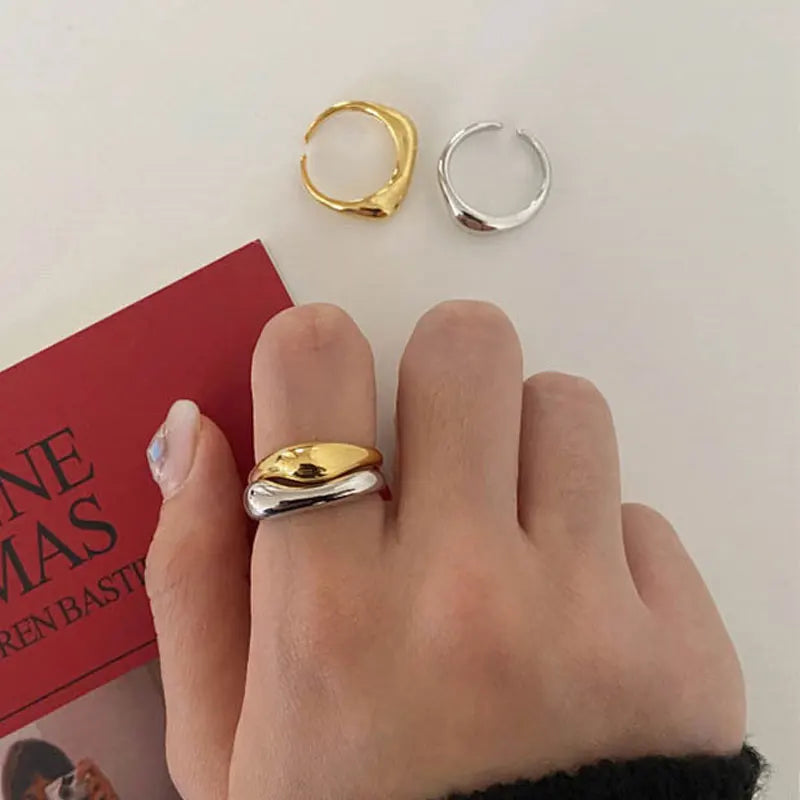 Gold & Silver Irregular Wave Rings with Simple Geometric Design
