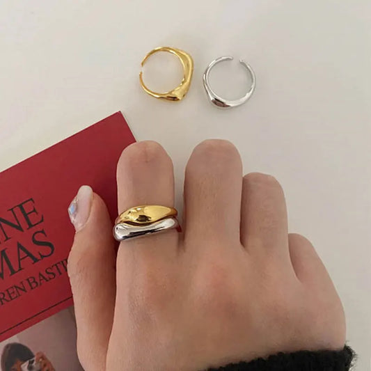 Gold & Silver Irregular Wave Rings with Simple Geometric Design