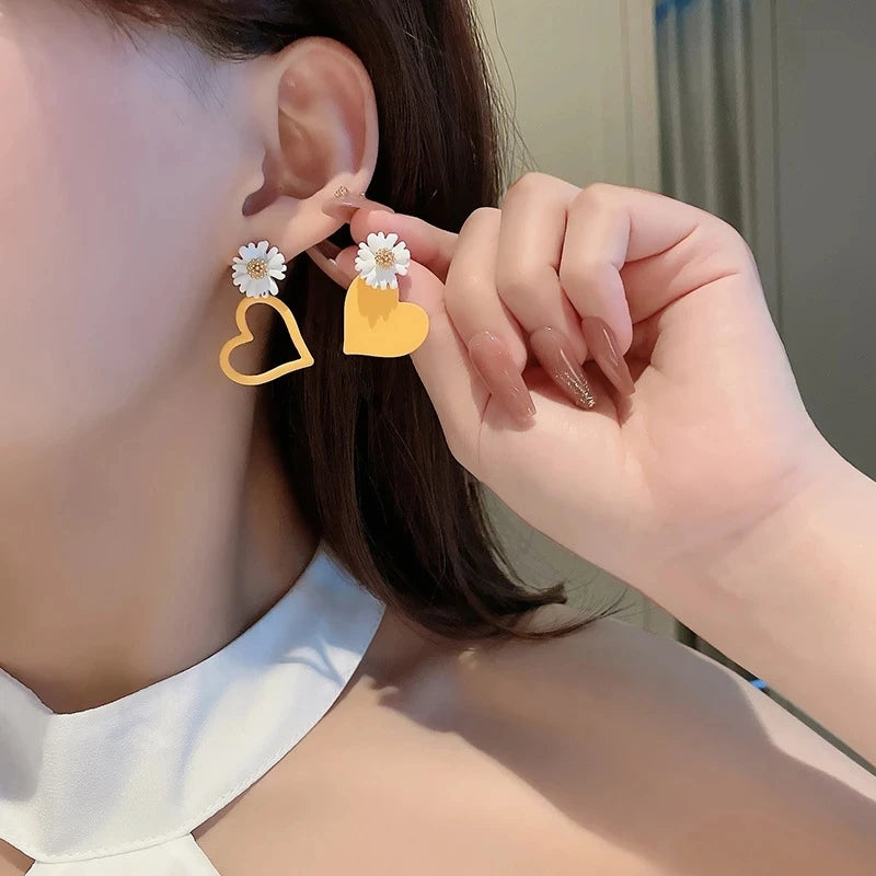 Daisy & Heart Mismatched Stud Earrings with Red, Yellow, Pink & Cream