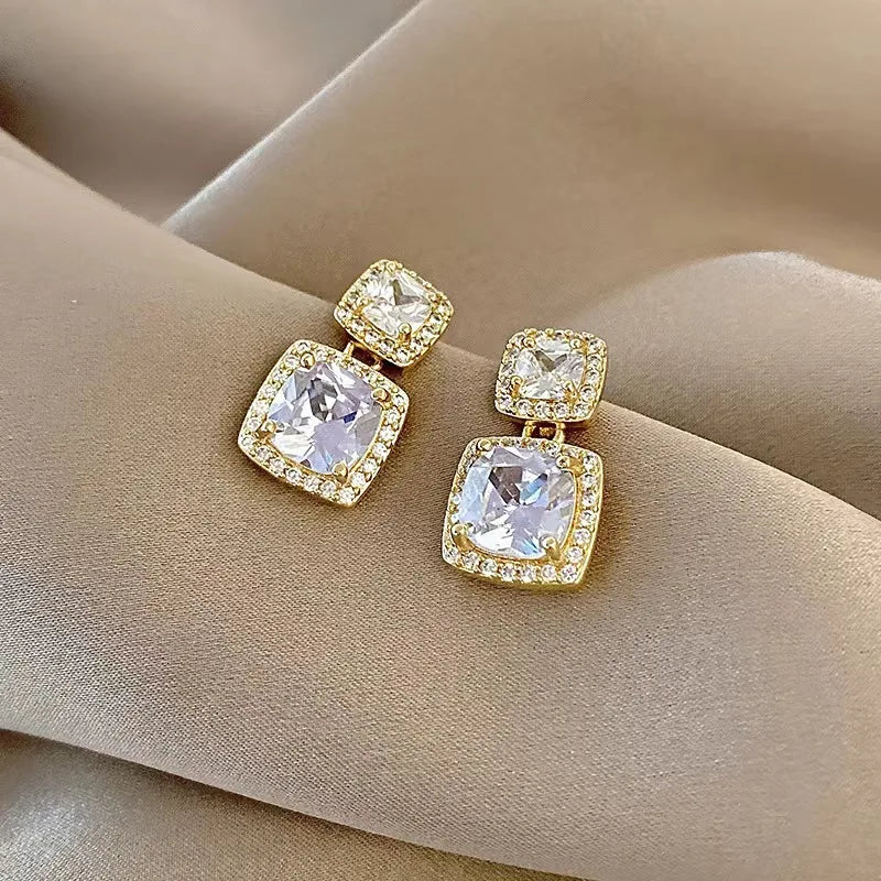 Cushion Halo CZ Drop Earrings — Gold-Tone