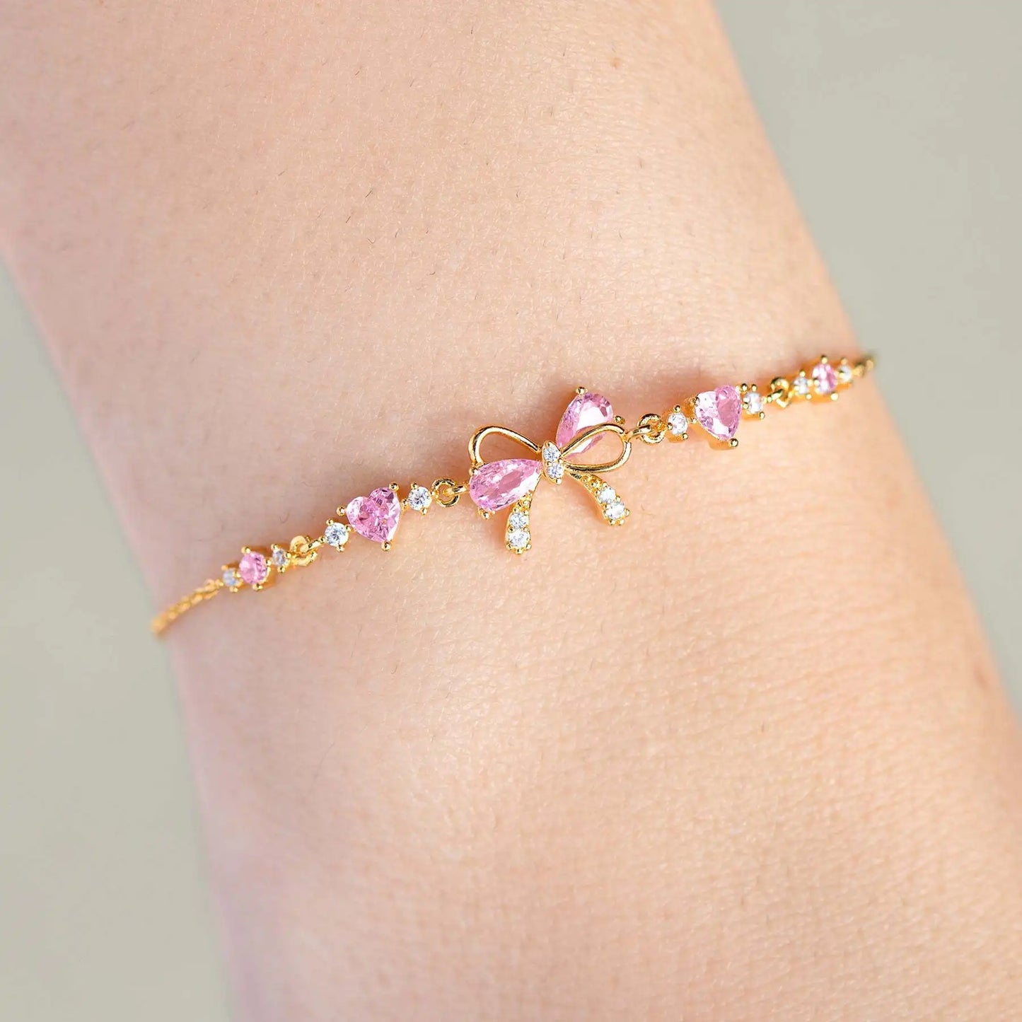Pink Zircon Bowknot Heart Bracelet with Silver, Gold & Rose Tones
