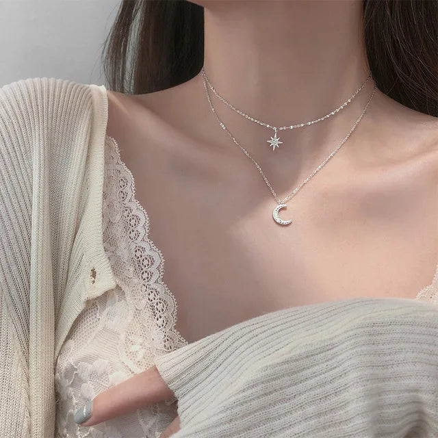 Boho Multilayer Choker Necklace with Vintage Moon & Layered Chains
