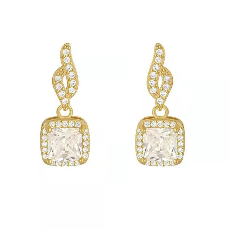 Cushion Halo CZ Drop Earrings — Gold-Tone