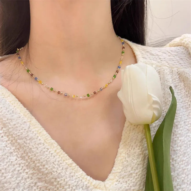 Irregular Beaded Choker Necklace with Multi-Cut Glass Crystal Beads