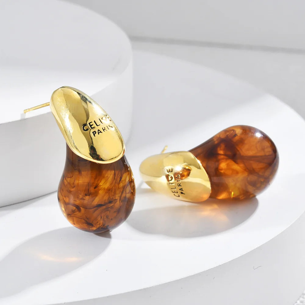 Water Drop Brown Resin Stud Earrings with Vintage Dome & Gold Plated Design