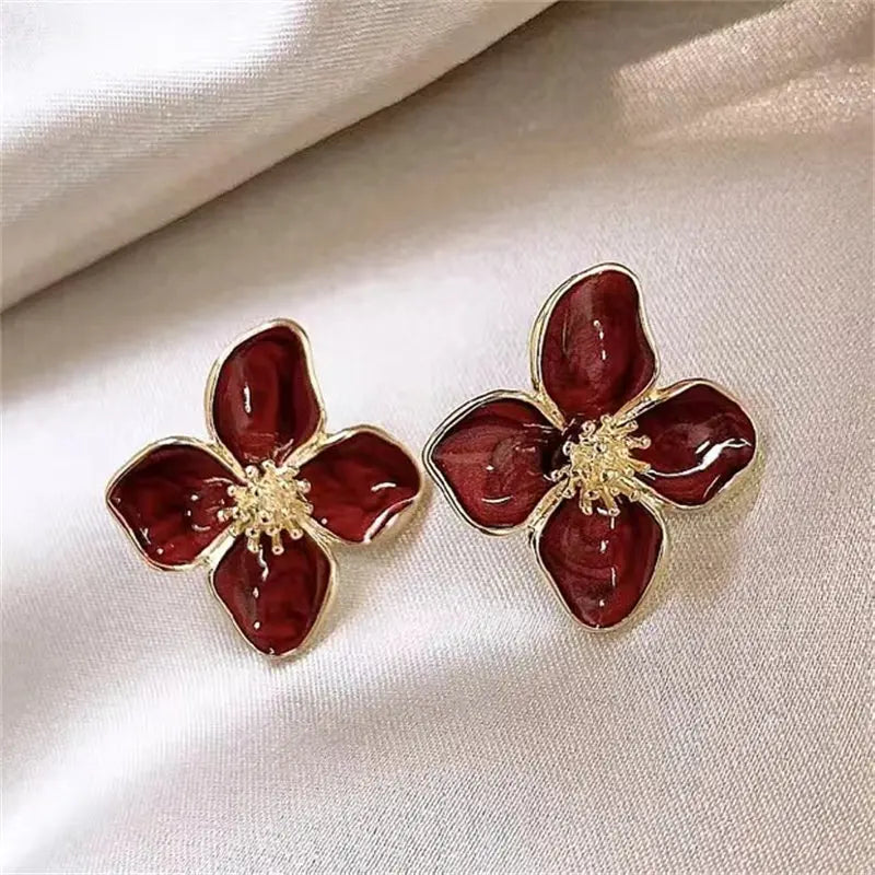 Petal & Bud Cluster Stud Earrings with Gold, Silver, Red, Green & Black