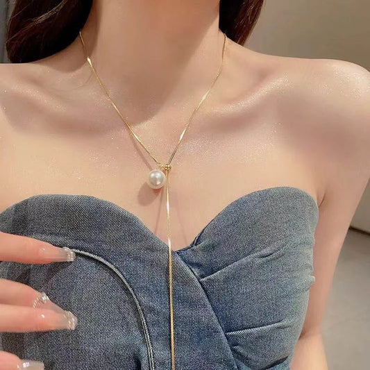 Long Tassel Lariat Necklaces with Pearl & Geometric Pendants