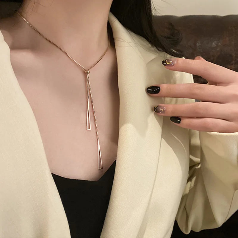 Long Tassel Lariat Necklaces with Pearl & Geometric Pendants