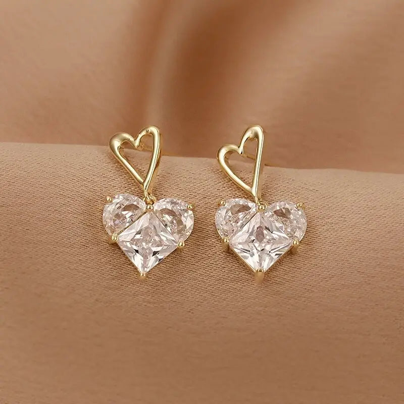 Shining Rhinestone Hollow Heart Drop Earrings with Vintage Red Crystals