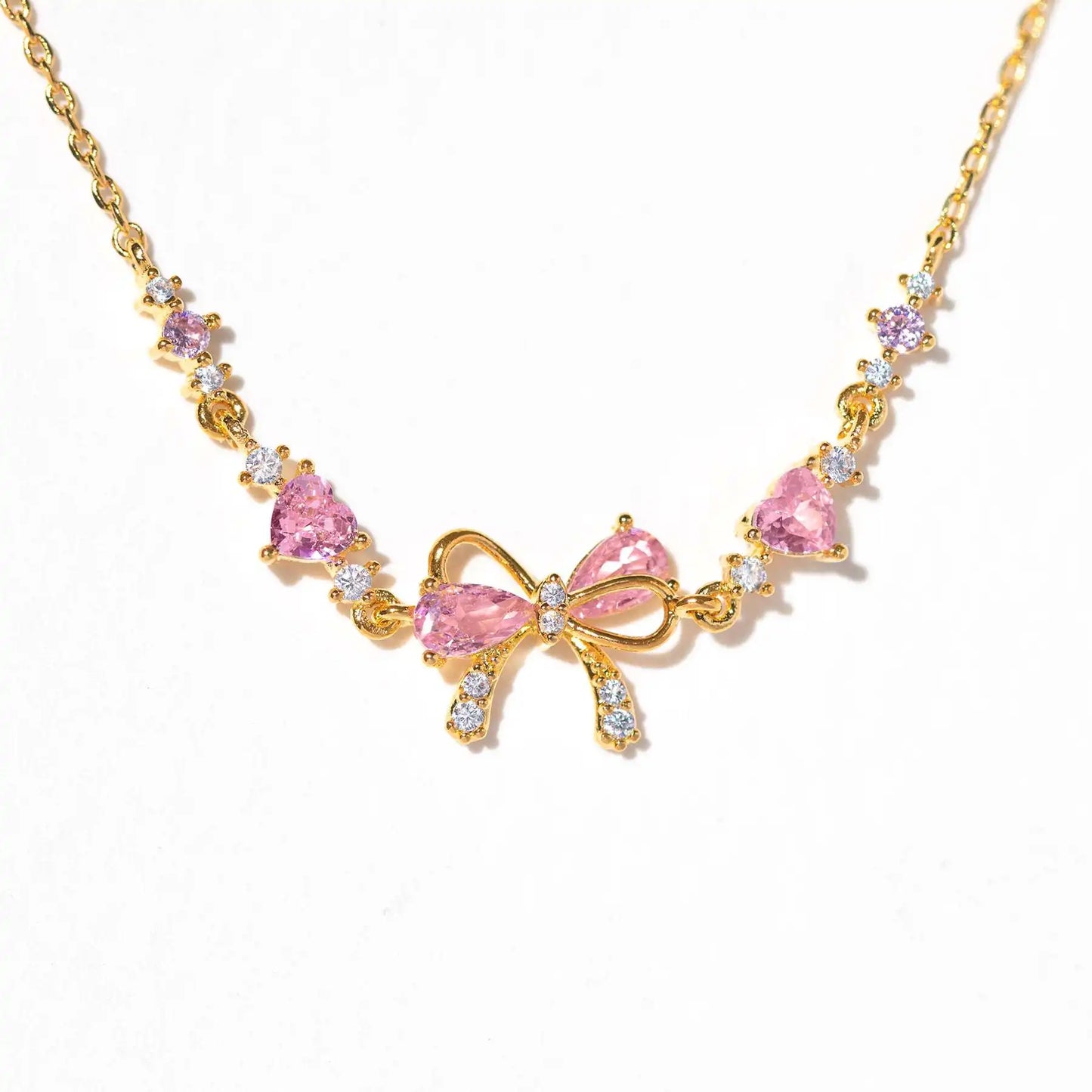 Pink Zircon Bowknot Heart Bracelet with Silver, Gold & Rose Tones