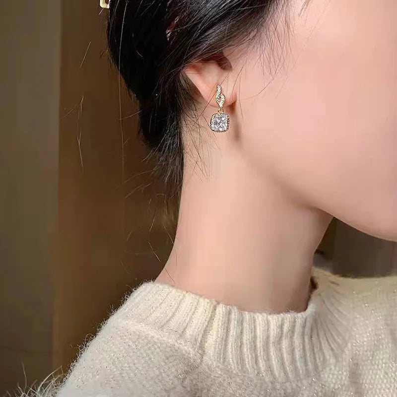Cushion Halo CZ Drop Earrings — Gold-Tone