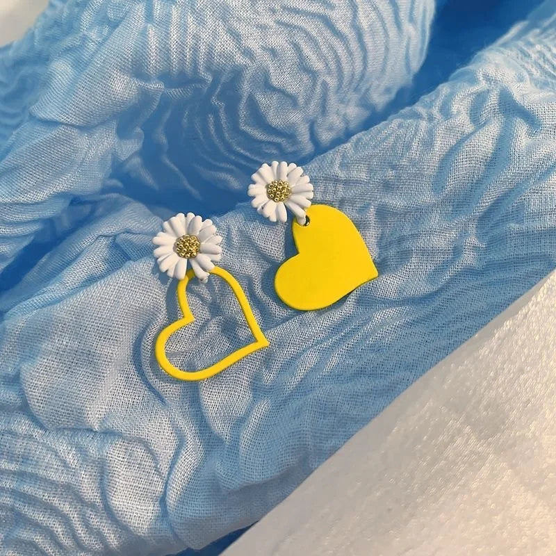 Daisy & Heart Mismatched Stud Earrings with Red, Yellow, Pink & Cream